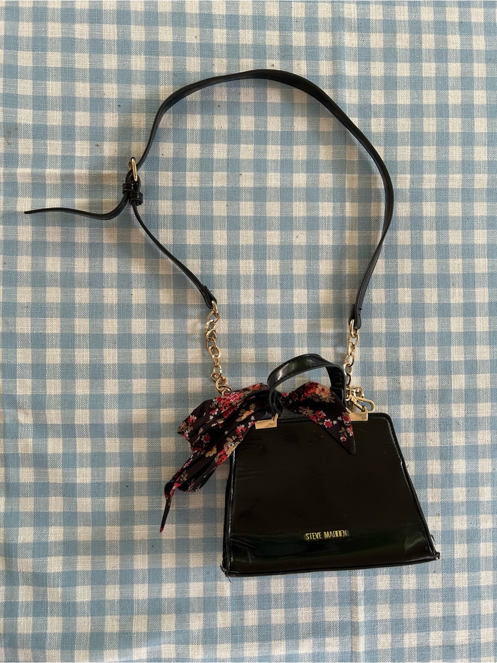Steve Madden Black Patent Mini Satchel with Floral Accent